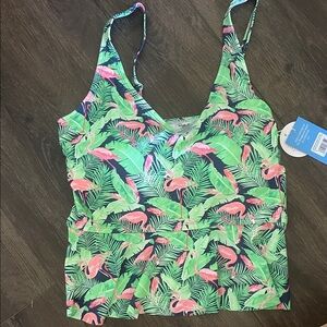 Ruffle Butts Tropical Flamingo Swim Top - Green and Pink